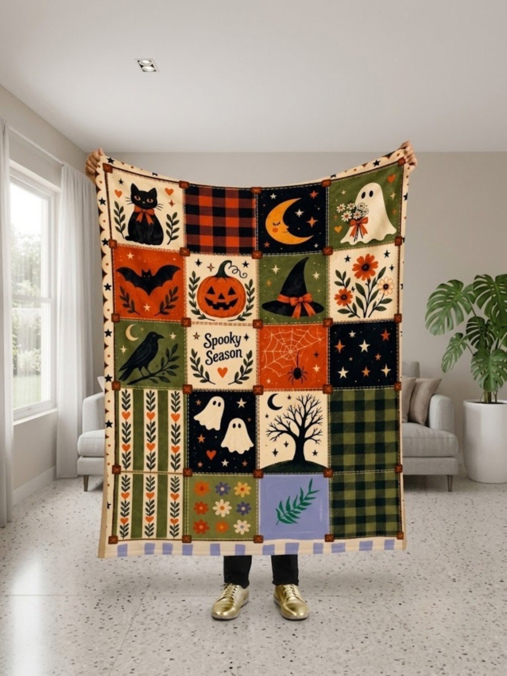 Spooky Season Halloween Patchwork Blanket - Multicolor